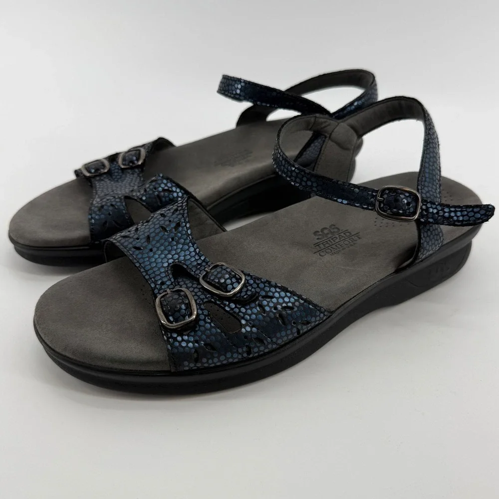 SAS Duo Navy Perla Leather Comfort Sandals Womens 10 N Made in USA Triple Buckle